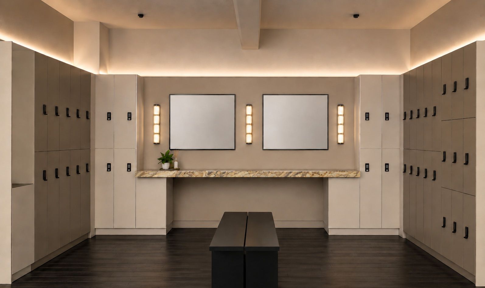 Locker room with a makeup vanity and day lockers